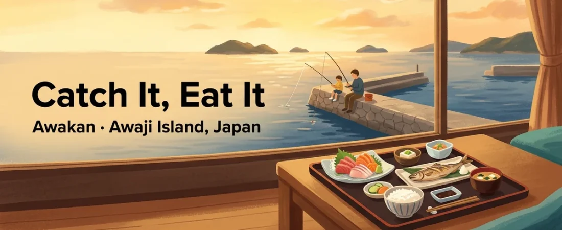 Illustration of a Japanese dinner with sashimi and grilled fish, with people fishing from a seaside hotel pier on Awaji Island at sunset
