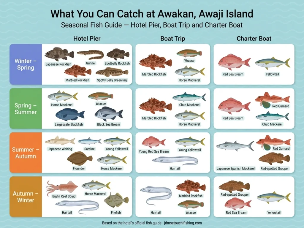 Seasonal fish chart for Awakan on Awaji Island, Japan, showing fish caught from the hotel pier, on the boat trip and on charter boats in each season
