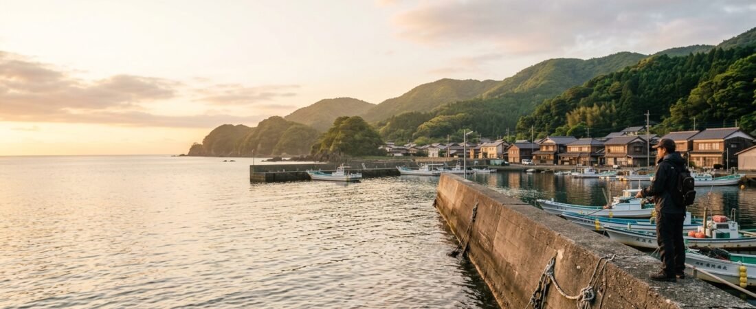 Angler on a breakwater at a Japanese fishing port at sunset