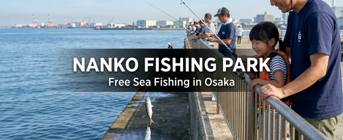 A parent and child sabiki fishing from a seawall on Osaka Bay, for a guide to Nanko Fishing Park in Osaka