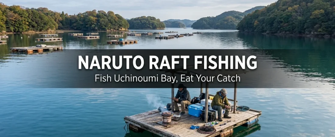 Anglers fishing from a roofed raft on the calm Uchinoumi bay in Naruto, Tokushima, for a guide to raft fishing and eating your catch